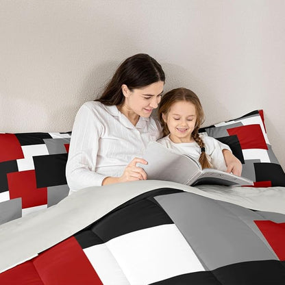 Castle Fairy Red Grey Black Comforter Set Toddler Size 2 Pcs,Geometric Grid Square Splicing Bedding Set,Modern Abstract Quilt Set for Child Bedroom,Duvet Insert,1 Pillowcase