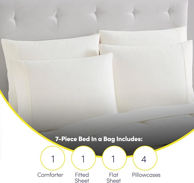 Sweet Home Collection 7 Piece Comforter Set Bag Solid Color All Season Soft Down Alternative Blanket & Luxurious Microfiber Bed Sheets, Ivory, Full