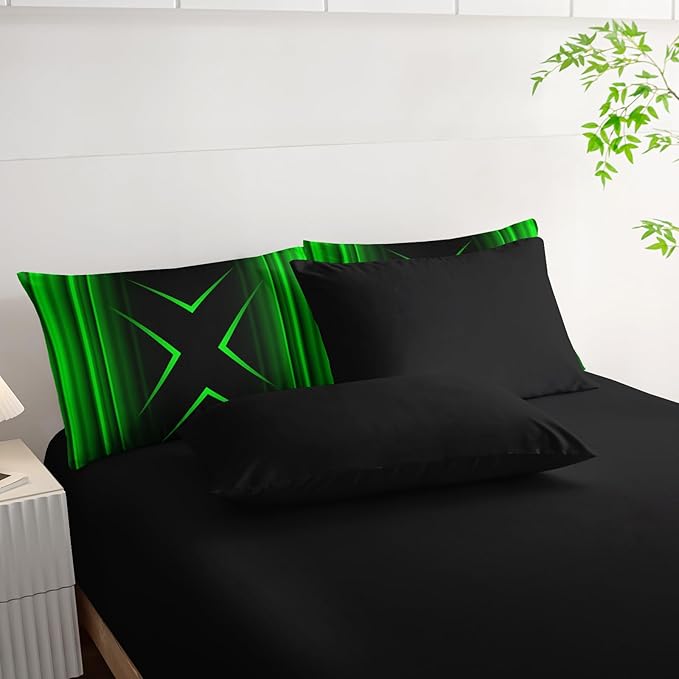 Black and Green Geometric Comforter Set Queen Size 7Pieces,3D Abstract Mordern Printed Bedding Set for Adults,Geometric Mordern Decor All Seasons with Pillowcases,Flat, Fitted Sheet