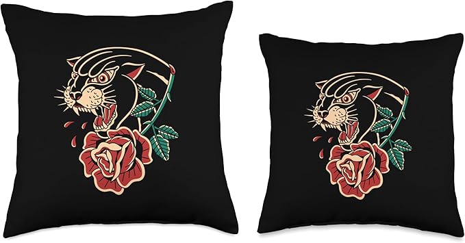 Panther Rose American Traditional Tattoo Ink Old School Throw Pillow
