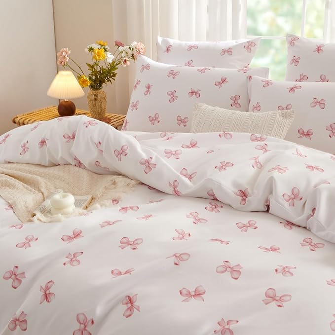 White Comforter Set Full Size - Pink Bow Quilt Bedding Set 3 Pieces, Comforter Set Full, Soft & Lightweight Comforter(79‘’ x 90‘’) for Girl All Season & 2 Pillowcases(30‘’x20‘’)