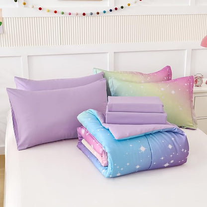 Drucon Rainbow Comforter Set Queen Size for Teen Girl &Boys,7 Pieces Bed in A Bag Blue Blush Rainbow Bedding Set Queen Size(1 Comforter, 1 Flat Sheet, 1 Fitted Sheet, 2 Pillow sham, 2 Pillowcases)