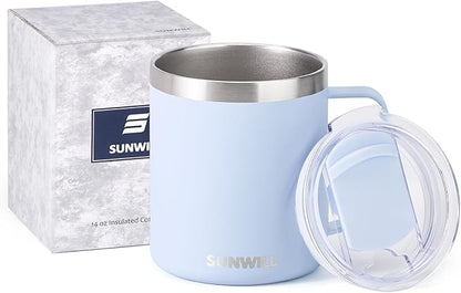SUNWILL Insulated Coffee Mug with Lid, Travel Tumbler with Handle, 14 oz Stainless Steel Cup for Camping, Office, Home, Powder Coated Iceberg