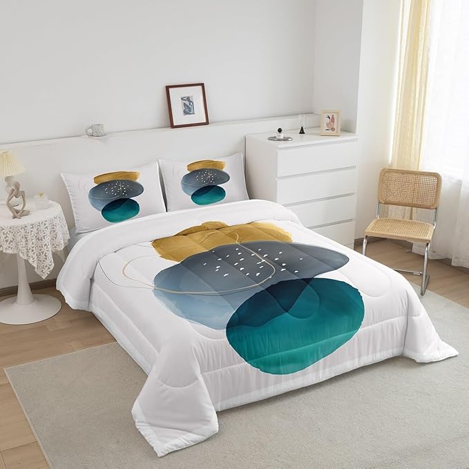 Geometric Bedding Twin Vintage Minimalism Comforter Set, Mid Century Bedding Comforter Sets Abstract Polka Dots Duvet Insert, Aesthetic Lines Down Comforter Beige Dark Green White Grey 2-Piece