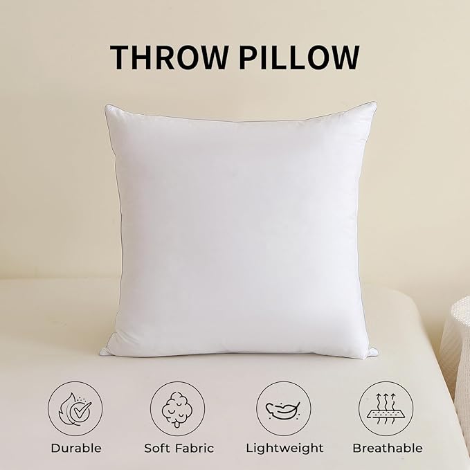 Throw Pillow Insert (Pack of 2, White), Goose Feather and Polyeser Throw Pillow for Decorative Cushion Bed Couch Sofa - Non-Deforming Over Time (18x18 Inch (Pack of 2))