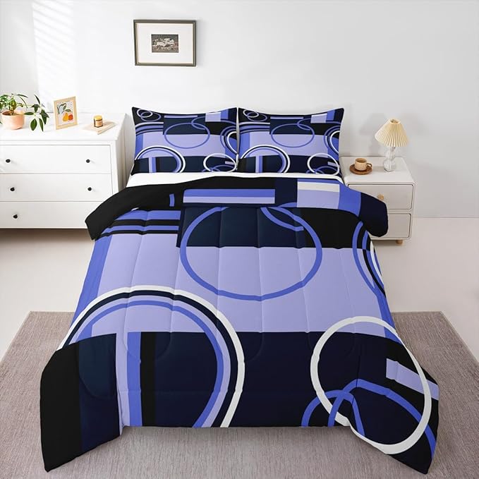 Retro Swirls Bedding Sets King Geometric Circles Square Comforter For Kids Girls Teens Blue Black Grey Duvet Set Vintage Graphic Patchwork Quilted Comforter Soft Microfiber Bedding Comforter Sets