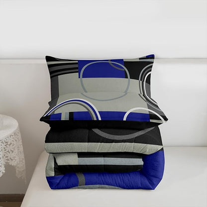 Erosebridal Dark Blue Black Gray Comforter Set King Modern Swirls Striped Bedding Set Abstract Circles Rings Duvet Set Geometric Plaid Comforter Gromment Spiral Graphic Art Down Comforter Room Decor