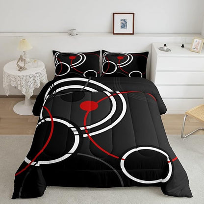 Erosebridal Modern Bedding Twin for Boys Girls Abstract Comforter Set, White Red Circle Duvet Insert Geometric Lines Quilt Set, Aesthetic Striped Bedding Comforters & Sets Colorful Durable Room Decor