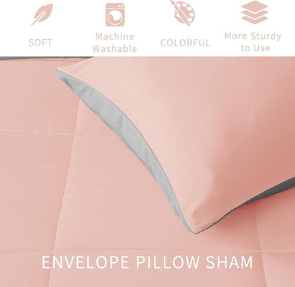 Exclusivo Mezcla Lightweight Summer Reversible Queen Size Comforter Set, Down Alternative Comforter with 2 Pillow Sham, Queen Size Bedding Set for All Seasons, Blush Pink/Light Grey