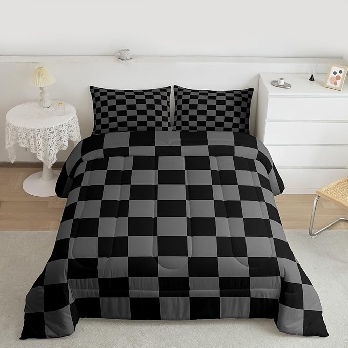 Feelyou Checkered Retro Comforter Set All Season Black Grey Plaid Bedding Set with 1 Pillow Cases Geometric Vintage Kids Toddler Bedclothes Modern Simple Groovy Aesthetic Bedroom Decor Duvet Quilt