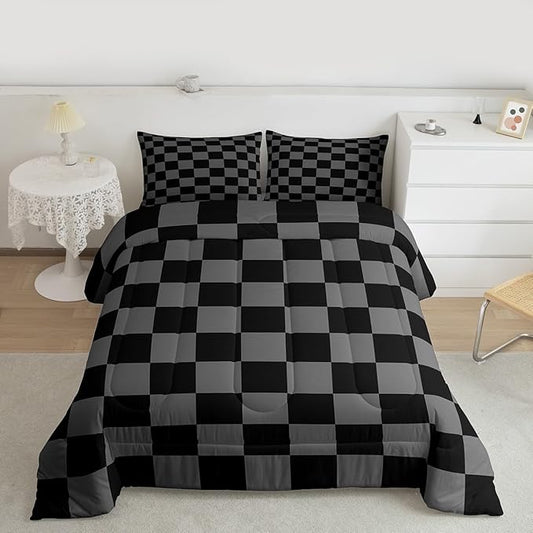 Feelyou Checkered Retro Comforter Set All Season Black Grey Plaid Bedding Set with 1 Pillow Cases Geometric Vintage Kids Twin Bedclothes Modern Simple Groovy Aesthetic Bedroom Decor Duvet Quilt