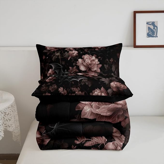 Erosebridal Gothic King Comforter Set for Home, Goth Halloween Decor Bedding Set for Kids Teens Women Men Bedroom, Gothic Bat Black Floral Comforter, Vintage Victorian Baroque Quilt, 2 Pillowcases