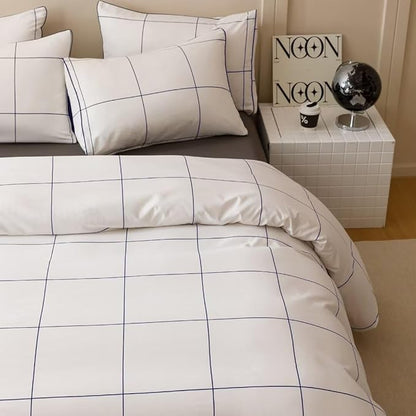 CLOTHKNOW White Grid Queen Comforter Set Plaid Bedding Comforter Sets Soft Big Checker Comforter and 2 x Pillow Cases