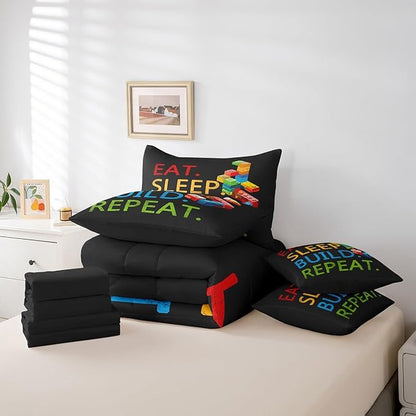 Feelyou Colorful Toy 7 Piece Bedding Set Teen Women Men Funny Building Blocks Decoration Comforter Set with Sheets King Size Kids Boys Cute Games Bed in a Bag Colorful Geometric Brick Room Decor