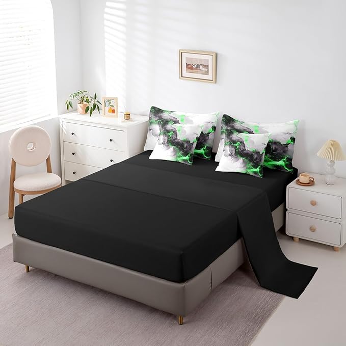 Black and Green Marble King Comforter Set 7-Piece Modern Marbling Bedding Comforter Sets, Mountain Fluid Bed in a Bag Grey Aesthetic Bedding Set, Abstract Art Bed Sheets Set Boys Girls Room Decor