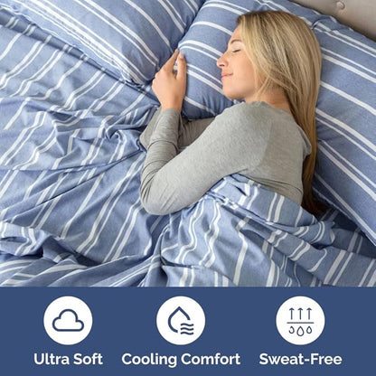 Flex Top Split Head King 4 Piece Sheet Set - Comfy Breathable & Cooling Bed Sheets Set - Hotel Luxury Bedding for Women, Men, Kids, Teens, Boys & Girls - Deep Pockets, Soft - Oeko-Tex - Blue Stripes