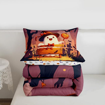 Erosebridal Teens Halloween Full Bedding Set, Cute Ghost Bow Comforter Set Spooky Halloween Decor Comforter for Kids Boys Girls Youth Adults Bedroom, Cartoon Graveyard Gothic Pumpkin Lantern Quilt