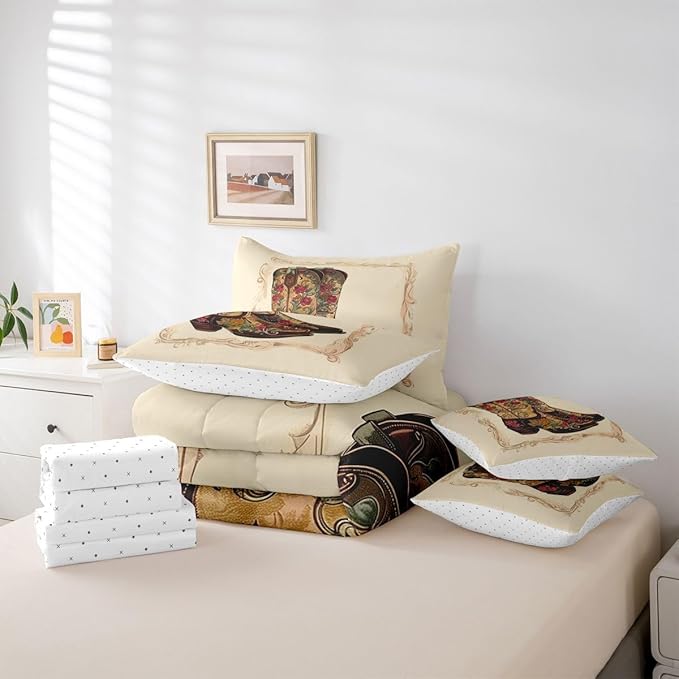 Erosebridal Western Cowboy 7 Piece Comforter Set Queen | Retro Cowboy Boots Bed in A Bag Country Bohemian Floral Sheet Set Reversible Abstract Hippy Fitted Sheet Breathable Lightweight