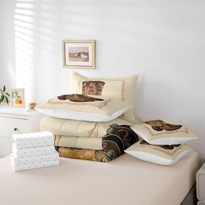 Erosebridal Western Cowboy 7 Piece Comforter Set Queen | Retro Cowboy Boots Bed in A Bag Country Bohemian Floral Sheet Set Reversible Abstract Hippy Fitted Sheet Breathable Lightweight
