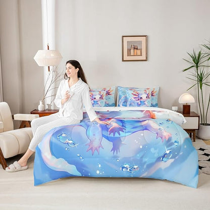 Feelyou King Size Cute Axolotl Bed in a Bag Boys Girls Blue Cartoon Salamander Comforter Set with Sheets for Kids Ultra Soft Kawaii Ocean Sealife 7 Piece Bedding Set Reptile Animal Room Decor