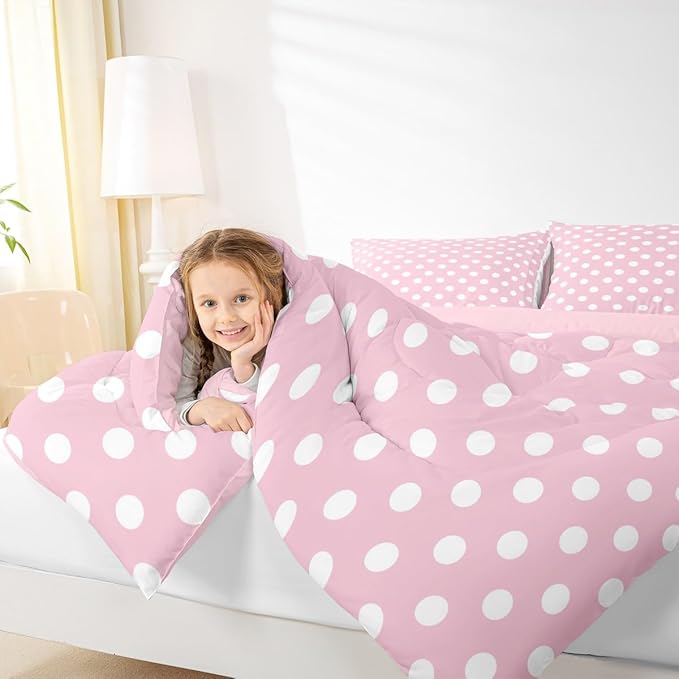 Manfei Polka Dots Comforter Set Twin Size,Cartoon French Style Princess Pink White Bedding Set 2 Pcs for Girls,Modern Geometric Circles Abstract Simple Art Comforter,1 Pillowcase