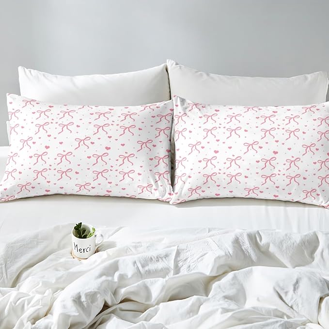 Erosebridal Pink Bowknot Full Size Comforter Set, Kawaii Bow Knot Bedding Set for Kids Girls Teens Women Bedroom, Dreamy Princess Bow-Tie Down Comforter, Cute Love Heart Duvet Insert