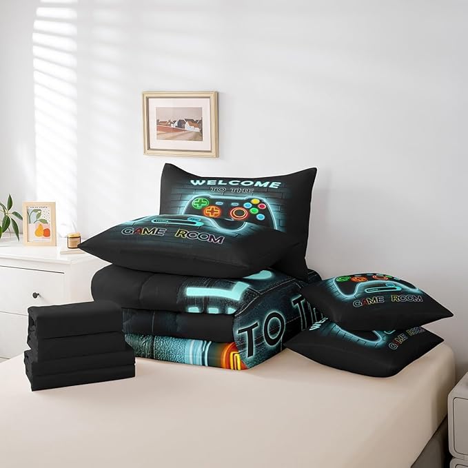 jejeloiu Teal Gamer Gaming 7 Piece Bedding Set Full Size for Boys Game Console Comforter Set with Sheets Kids Teens Neon Light Bed in a Bag Cool Game Room Decor Bed Set