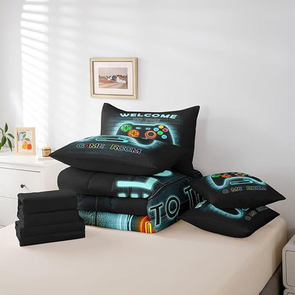 jejeloiu Teal Gamer Gaming 7 Piece Bedding Set Full Size for Boys Game Console Comforter Set with Sheets Kids Teens Neon Light Bed in a Bag Cool Game Room Decor Bed Set