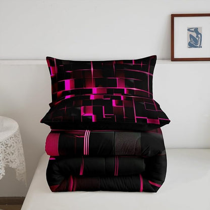 Erosebridal Pink Black Comforter Set Full Size Neon Geometric Kids Bedding Set 3 Pcs Honeycomb Bed Sets Modern Quilt,1 Comforter 2 Pillow Cases Cool Room Decor, Bside Black