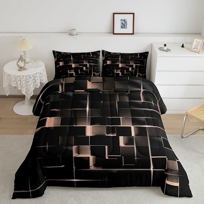 Erosebridal Light Yellow Black Full Comforter Set Geometric Light Honeycomb Bedding Set for Kids Teens Adult, Decor Down Comforter Modern Style Quilt, Microfiber Lightweight All Season
