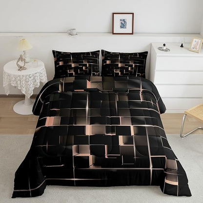 Erosebridal Light Yellow Black Twin Comforter Set Geometric Light Honeycomb Bedding Set for Kids Teens Adult, Decor Down Comforter Modern Style Quilt, Microfiber Lightweight All Season