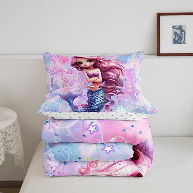 Mermaid Comforter Set Queen Size,Kawaii Mermaid Clouds Love Bedding Set for Girls Bedroom Decoration,Rainbow Glitter Galaxy Bed Duvet Insert,Colorful Dream Sky Comforter with 2 Pillowcases