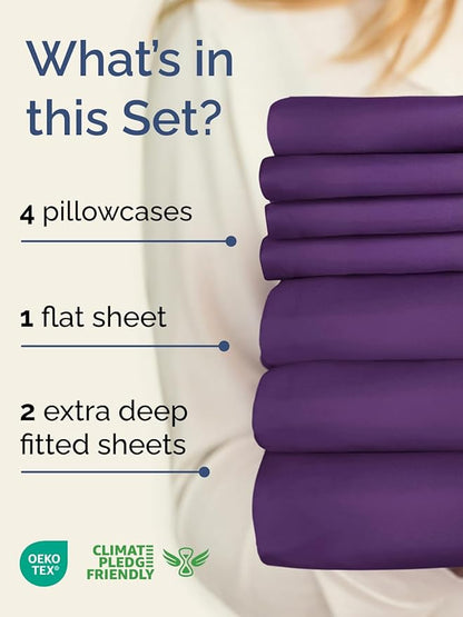 Extra Deep Split King Sheet Set - 7 Piece Breathable and Cooling Sheets - Hotel Luxury Bedding for Women, Men, Kids & Teens - Easy & Secure Fit - Soft and Wrinkle Free - Extra Deep Pockets - Purple