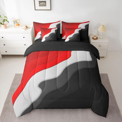Red Grey Black Ombre Bedding Full Size 7-Piece Kids Teens Adults Geometric Stripe Comforter Set, Aesthetic Wave Bedding Comforter Sets Modern Abstract Bed in a Bag, Gradient Bedding Accessories
