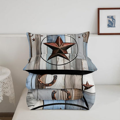 Erosebridal Western Texas Star Comforter Set, Rustic Farmhouse Bedding Set King Size, Retro Cowboy Quilt for Kids Teens Adult Men Bedroom, Country Wooden Door Duvet Insert Western Home Decor