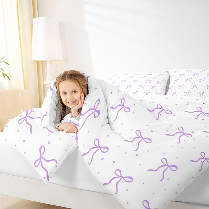 Erosebridal Ribbon Bow Bedding Set Toddler for Girls Women Coquette Bows Comforter Set for Kids Teen Girls Women Bedroom Preppy Princess Bowknot Comforter Girly Purple Bow Quilt Duvet