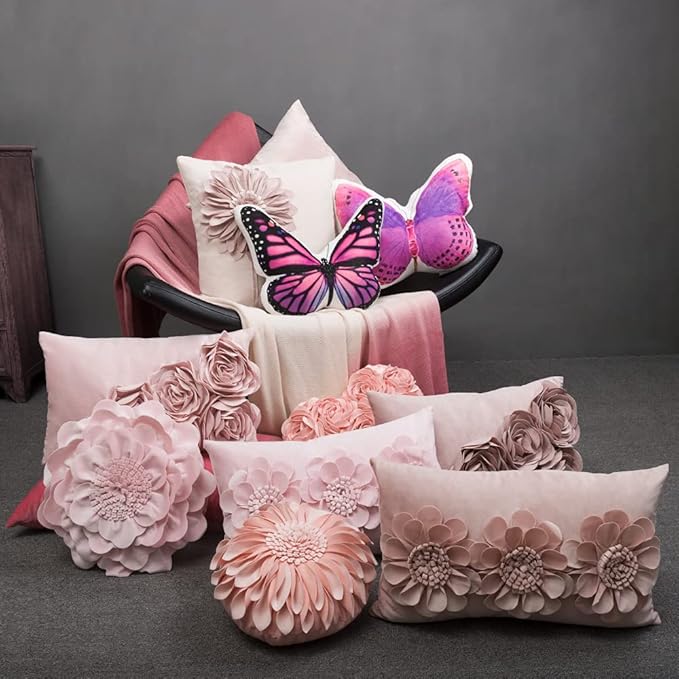 JWH 3D Butterfly Accent Pillow Cases Stuffed Plush Animal Throw Pillow Cover Decorative Girl Cushion for Bed Living Room Sofa Couch Car 13x15 Inch Purple Pink