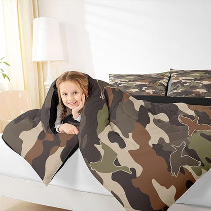 Erosebridal 3D Duck Comforter Set King Size Camo Camouflage Bedding Set for Adutls Men Women Green Dark Wildlife Comforter Flying Animals Hunting Quilt Bedroom Decor