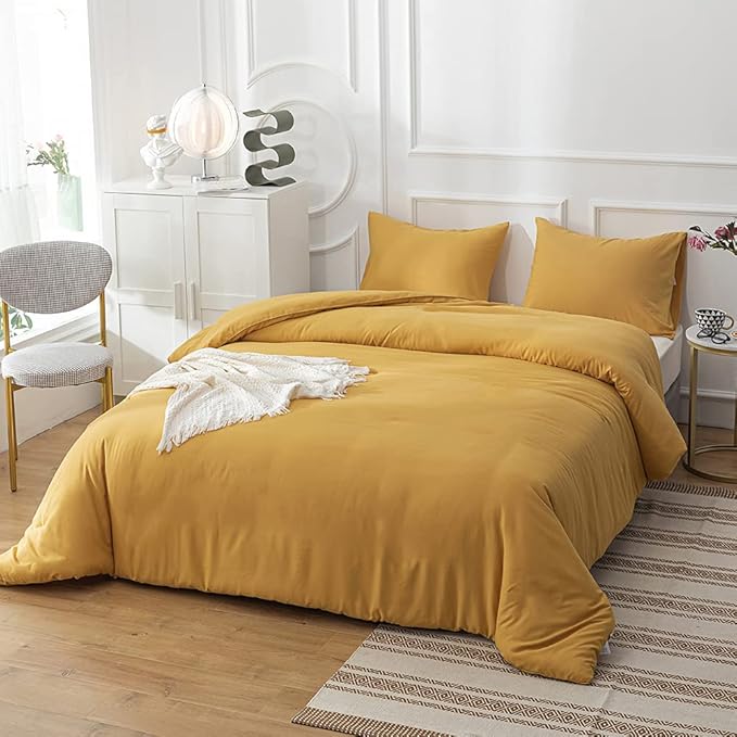 CLOTHKNOW Yellow King Size Comforter Set Mustard Yellow Bedding Comforter Sets Soft All Season Cozy Turmeric Comforter with 2 x Pillow Cases