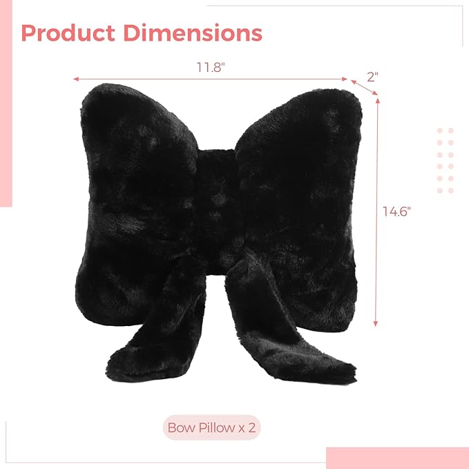 2 PCS Black Bow Pillow, Soft Bow Decorative Pillows with Faux Fur, Cute 12" Bow Throw Pillows, Aesthetic Home Decor Bow Shaped Plush Pillow for Bedroom Sofa Couch