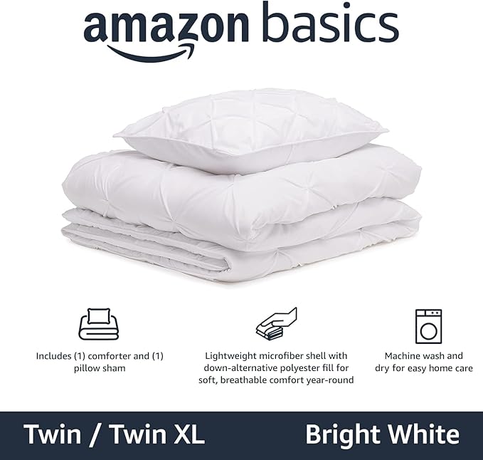 Amazon Basics Soft, Lightweight Twin Size Comforter Set, All-Season Down-Alternative 2-Piece Bedding Set, Pinch Pleat Design with Piped Edges, Twin/TwinXL, Bright White