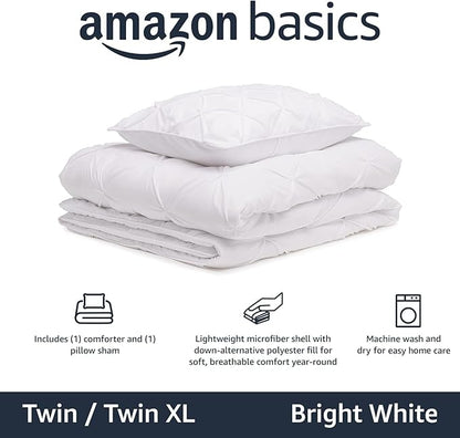 Amazon Basics Soft, Lightweight Twin Size Comforter Set, All-Season Down-Alternative 2-Piece Bedding Set, Pinch Pleat Design with Piped Edges, Twin/TwinXL, Bright White