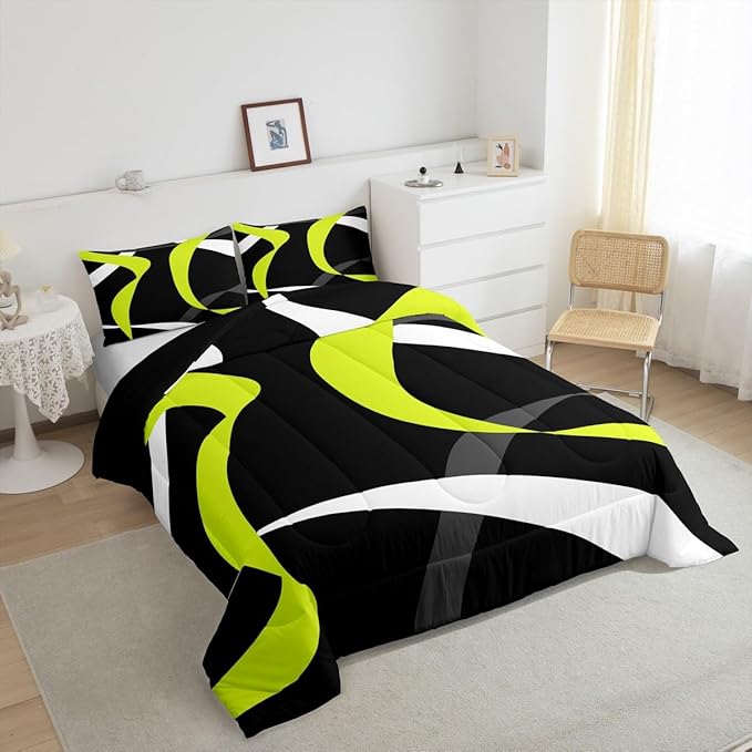 Erosebridal Abstract Black Lime Green Comforter Set Dark Grey White Striped Bedding Set Queen for Kids Boys Teen Men Geometric Swirl Stripes Bedding Comforter Sets Modern Fashion Quilt Duvet