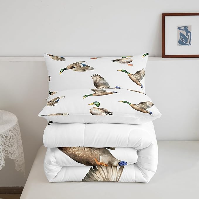 Feelyou Mallard Duck Bedding Set Hunting and Fishing Comforter Set Wild Animal Comforter for Boys Girls Kids Wildlife White Duvet Set King Size with 2 Pillow Case