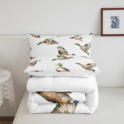 Feelyou Mallard Duck Bedding Set Hunting and Fishing Comforter Set Wild Animal Comforter for Boys Girls Kids Wildlife White Duvet Set King Size with 2 Pillow Case