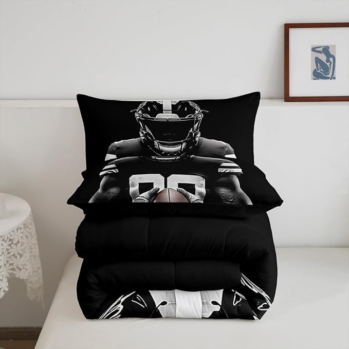 Feelyou Rugby Comforter Set King Size Football Player Comforter for Boys Girls Teens Football Bedding Set Rugby Sport Duvet Set Room Decor Black Quilt Set