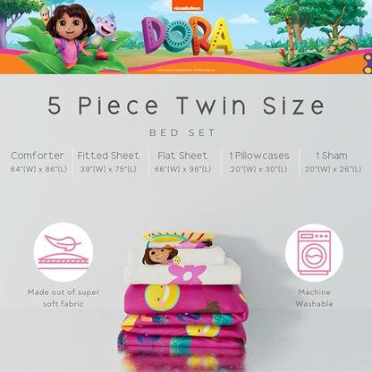 Dora The Explorer Kids Bedding Set Super Soft & Cozy Reversible Microfiber Comforter and Sheet Set with Sham, 5 Piece Twin Size, (Officially Licensed Product) by Franco
