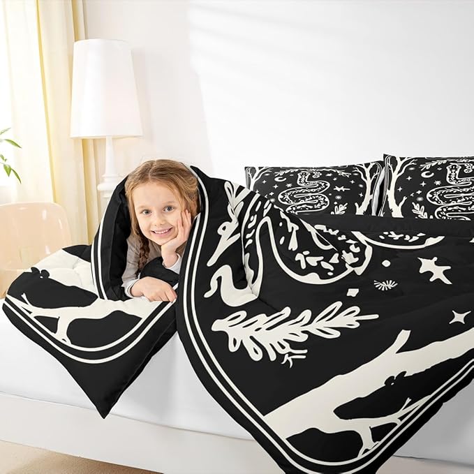 Erosebridal Halloween Gothic Full Bedding Set, Goth Snake Comforter Set for Kids Boys Girls Teens Women Men Retro Halloween Decor, Sun and Moon Black Comforter, Terror Theme Black Goth Quilt
