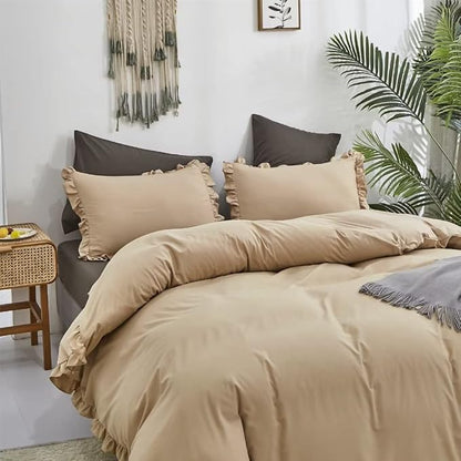CLOTHKNOW Taupe Ruffles King Size Comforter Set 3Pcs Farmhouse Bedding Comforter Sets Champagne Comforter Light Brown Comforter with 2 x Pillow Cases