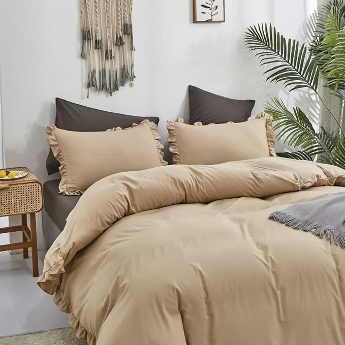 CLOTHKNOW Champagne Ruffles California King Comforter Set Farmhosue Bedding Comforter Sets Soft Khaki Boho Comforter with 2 x Pillow Cases